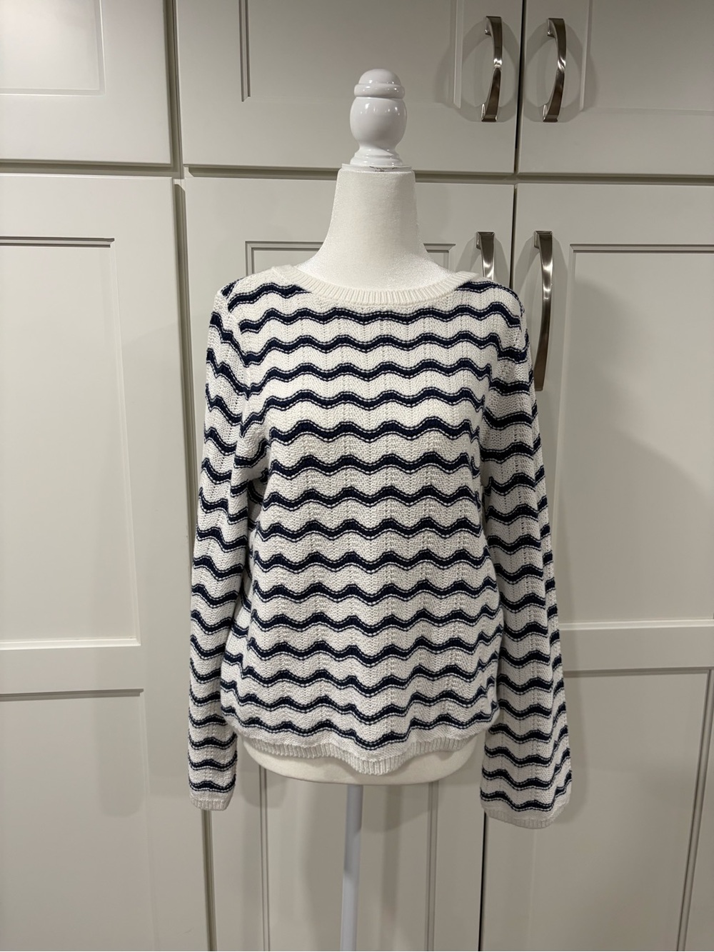LOFT Navy & White Wave-Striped Crewneck Sweater